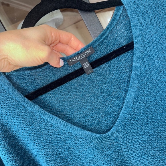 Eileen Fisher linen sweater tunic top plus size teal cotton organic vneck loose - Picture 2 of 7